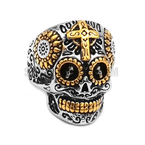 Wholesale Cross Skull Biker Ring Stainless Steel Jewelry Classic Silver Gold Motor Biker Skull Ring SWR0682 - Click Image to Close